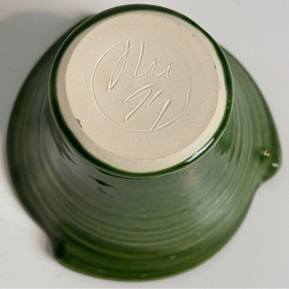 Vintage 3.5” Green Studio Pottery Vase with Flower Frog Signed 1995 - Picture 3 of 6